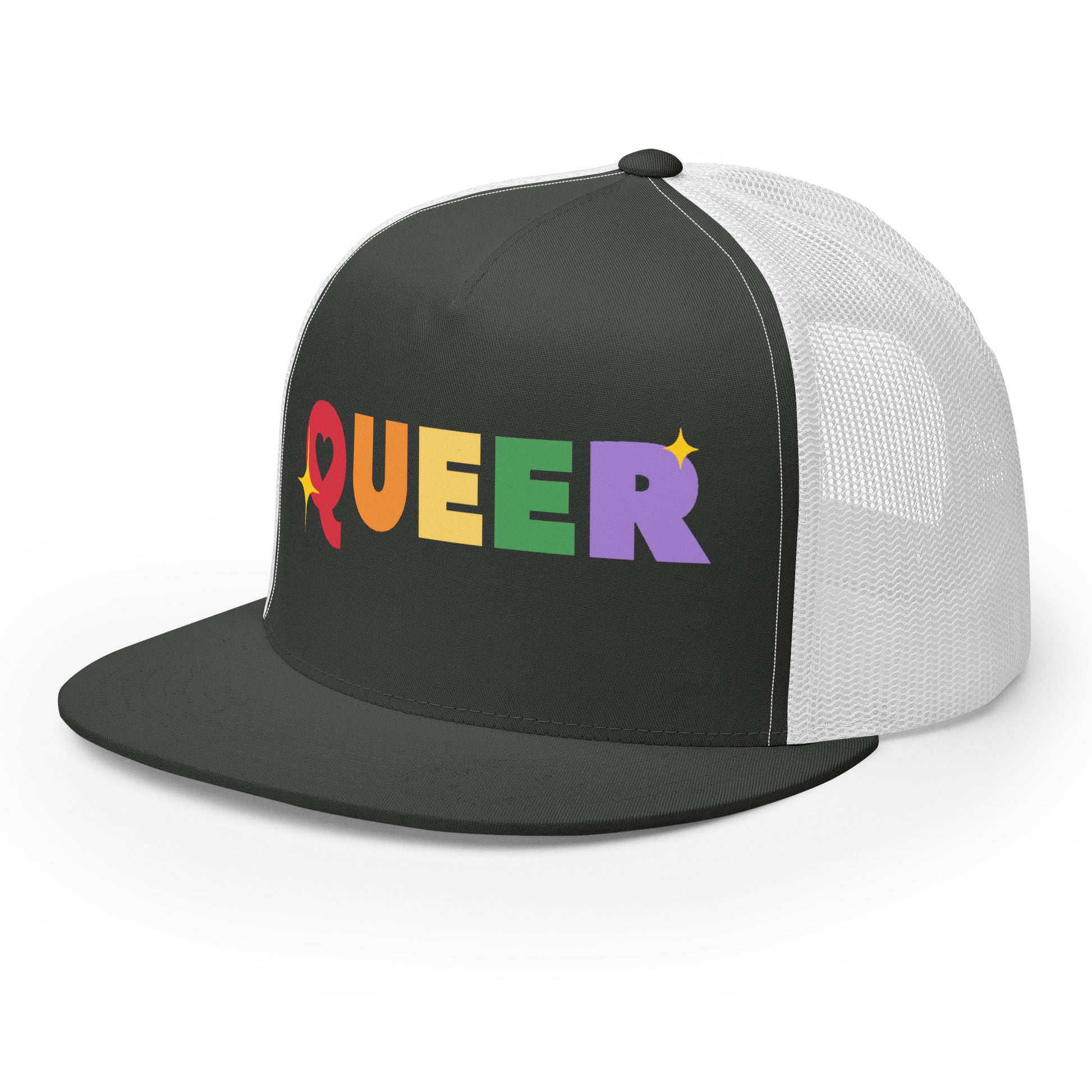 Queer Trucker Baseball Cap Hat 5-panel-trucker-cap-charcoal-white-left-front-66aeb61de1719