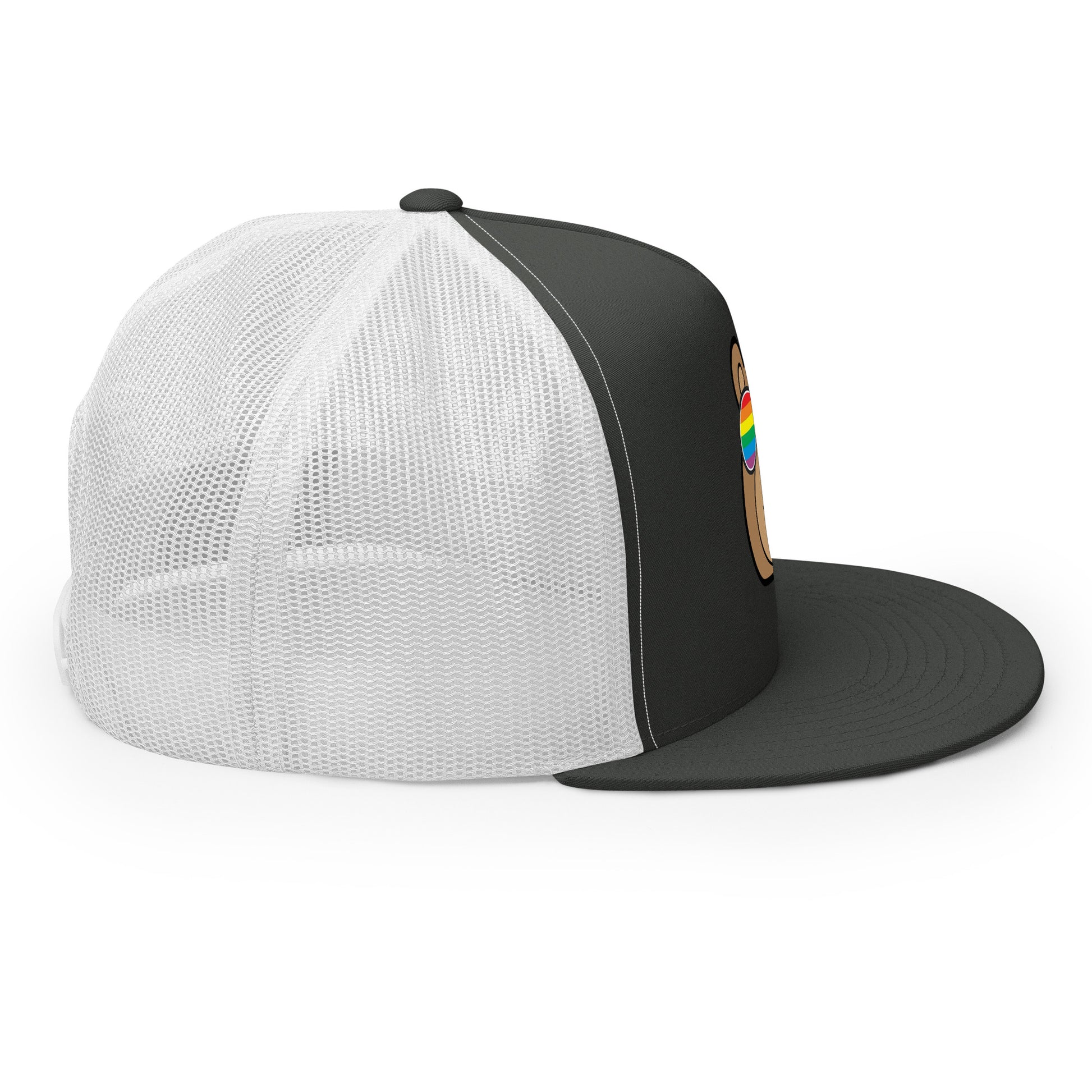 Gay Bear with Rainbow Sunglasses Trucker Baseball Cap Hat 5-panel-trucker-cap-charcoal-white-right-66aeb98063463