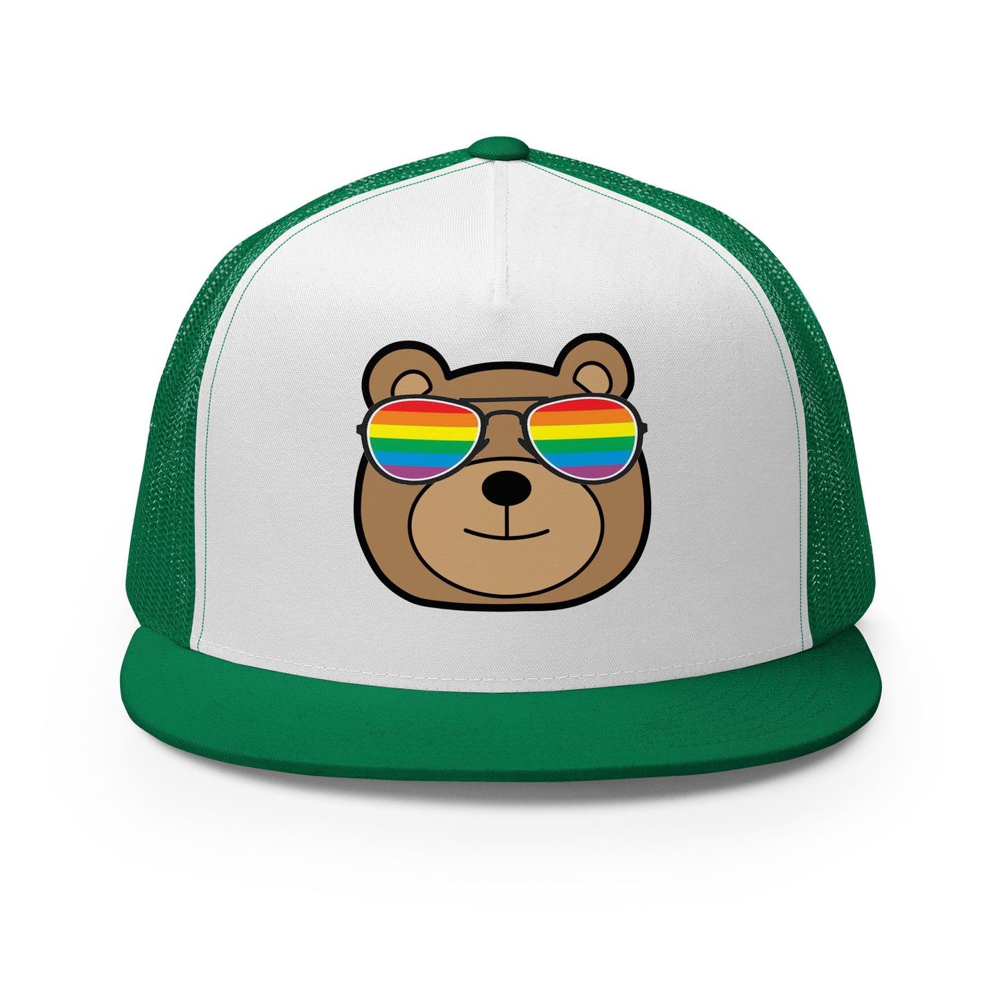 Gay Bear with Rainbow Sunglasses Trucker Baseball Cap Hat Kelly White Kelly Gay 5-panel-trucker-cap-kelly-white-kelly-front-66aeb98064dca