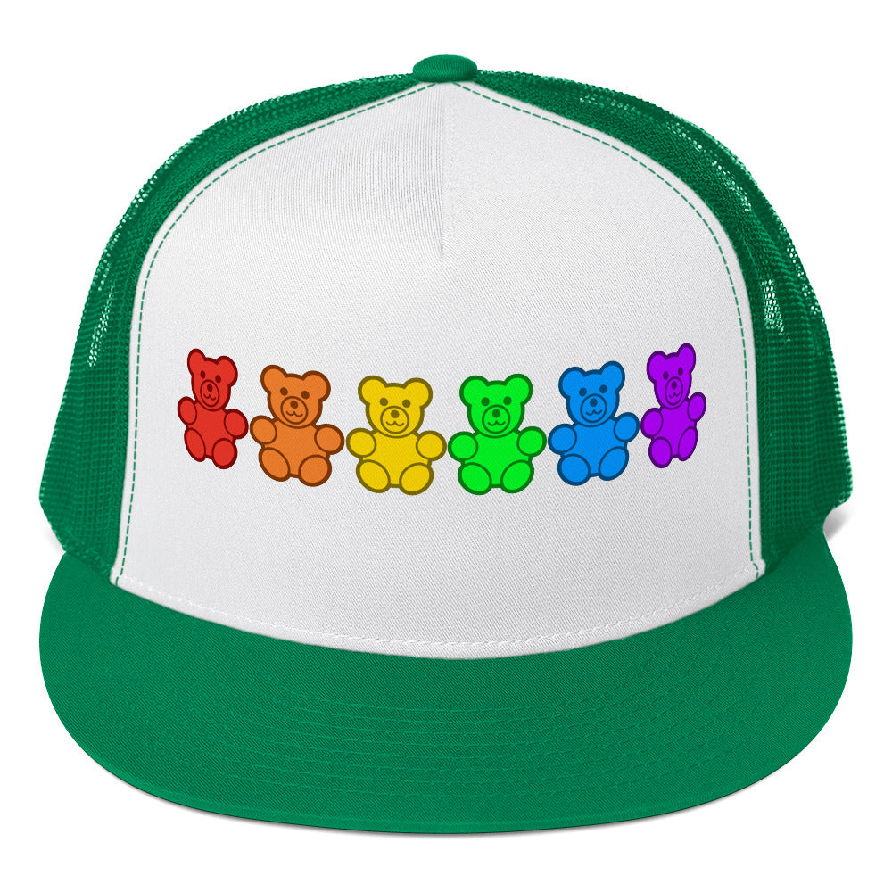 LGBTQ Pride Gummy Bear Trucker Cap Kelly White Kelly Pride 5-panel-trucker-cap-kelly-white-kelly-front-66b25e3762c4f