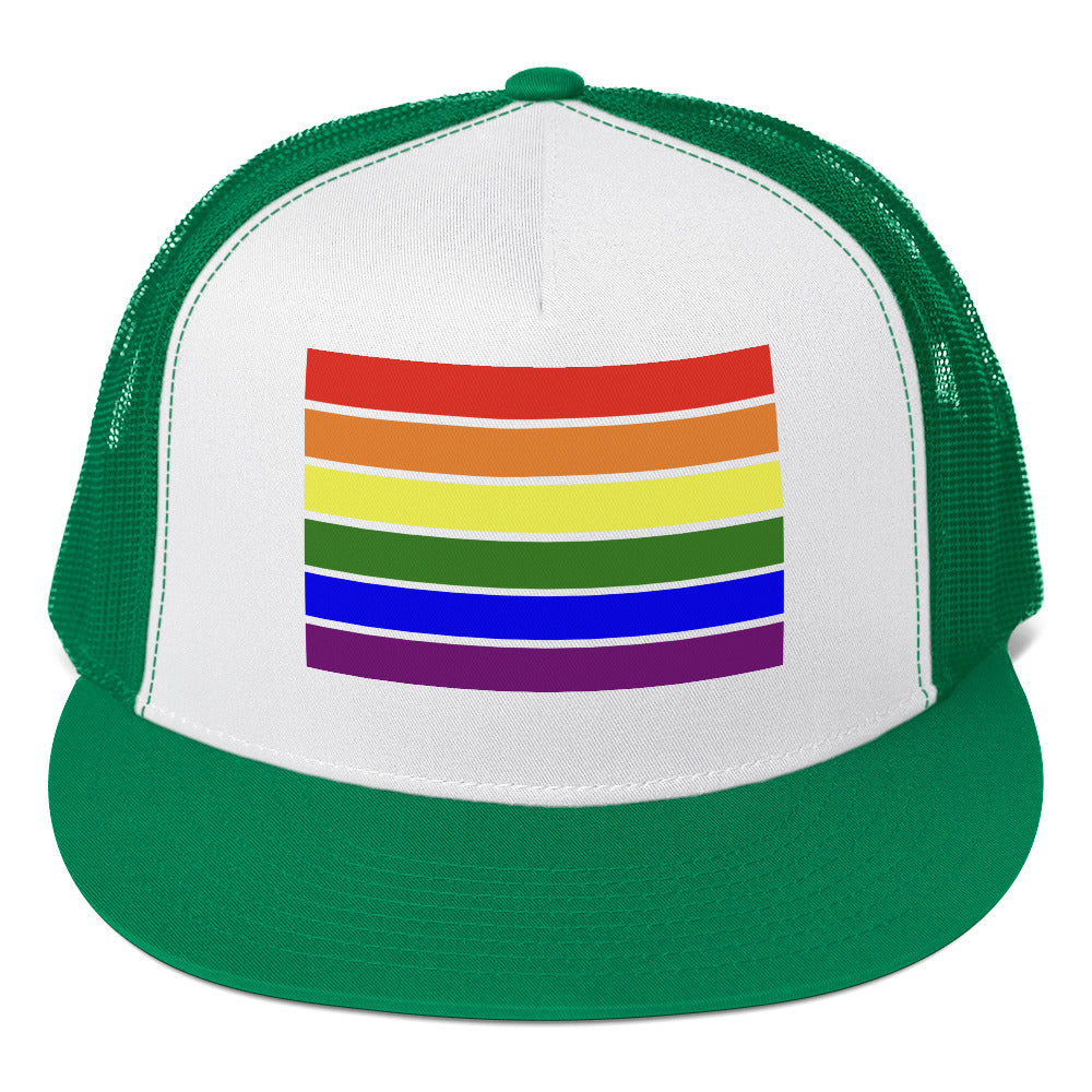 LGBTQ Pride Flag Trucker Cap Kelly White Kelly Pride 5-panel-trucker-cap-kelly-white-kelly-front-66b25e952dff1