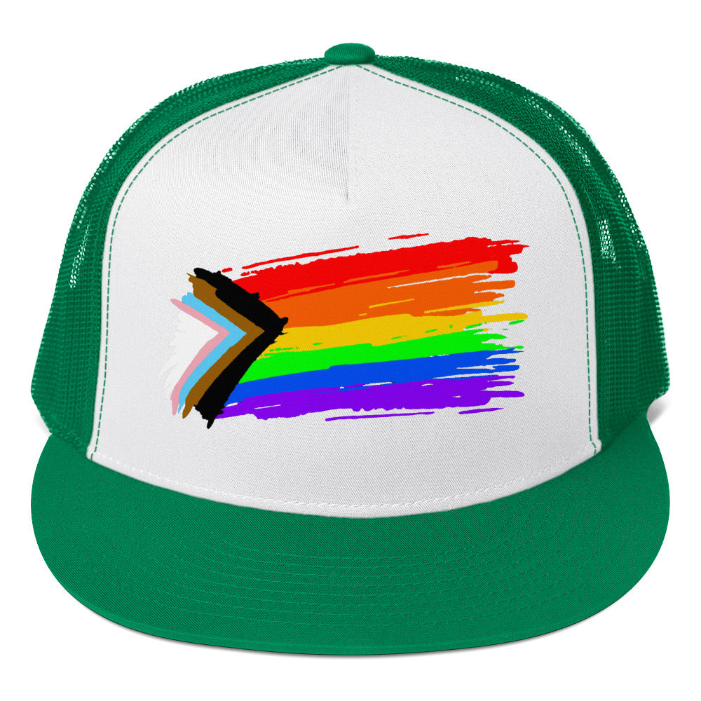 LGBTQ Progress Pride Paint Trucker Cap Kelly White Kelly Pride 5-panel-trucker-cap-kelly-white-kelly-front-66b263010a74b