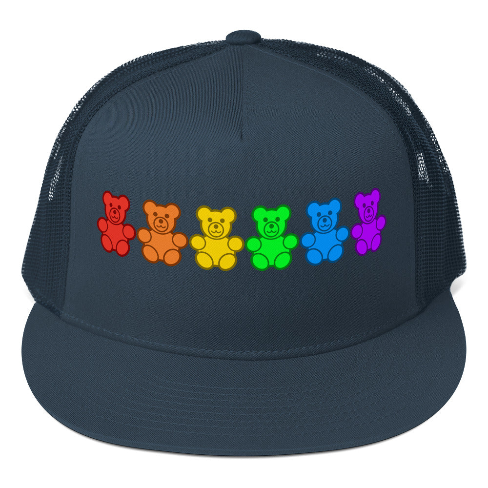 LGBTQ Pride Gummy Bear Trucker Cap Navy Pride 5-panel-trucker-cap-navy-front-66b25e37623da