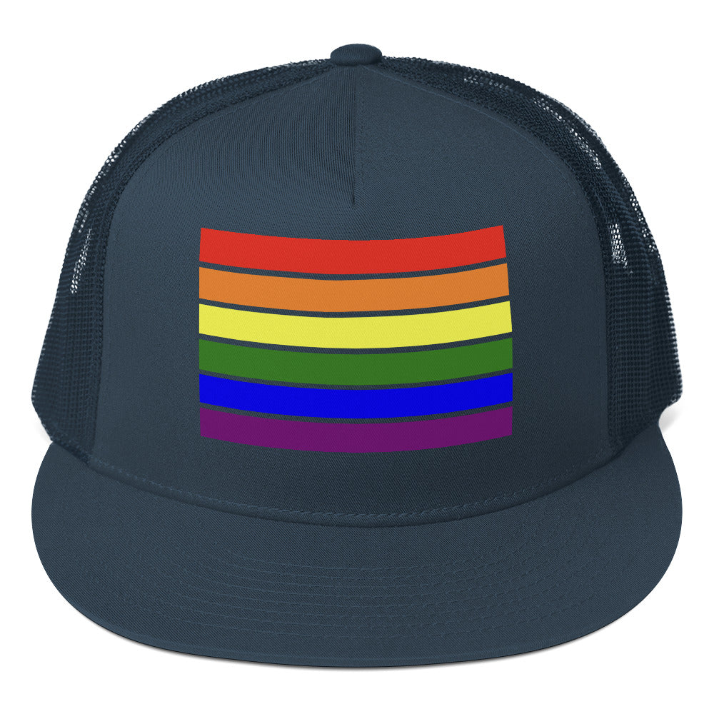 LGBTQ Pride Flag Trucker Cap Navy Pride 5-panel-trucker-cap-navy-front-66b25e952cc70