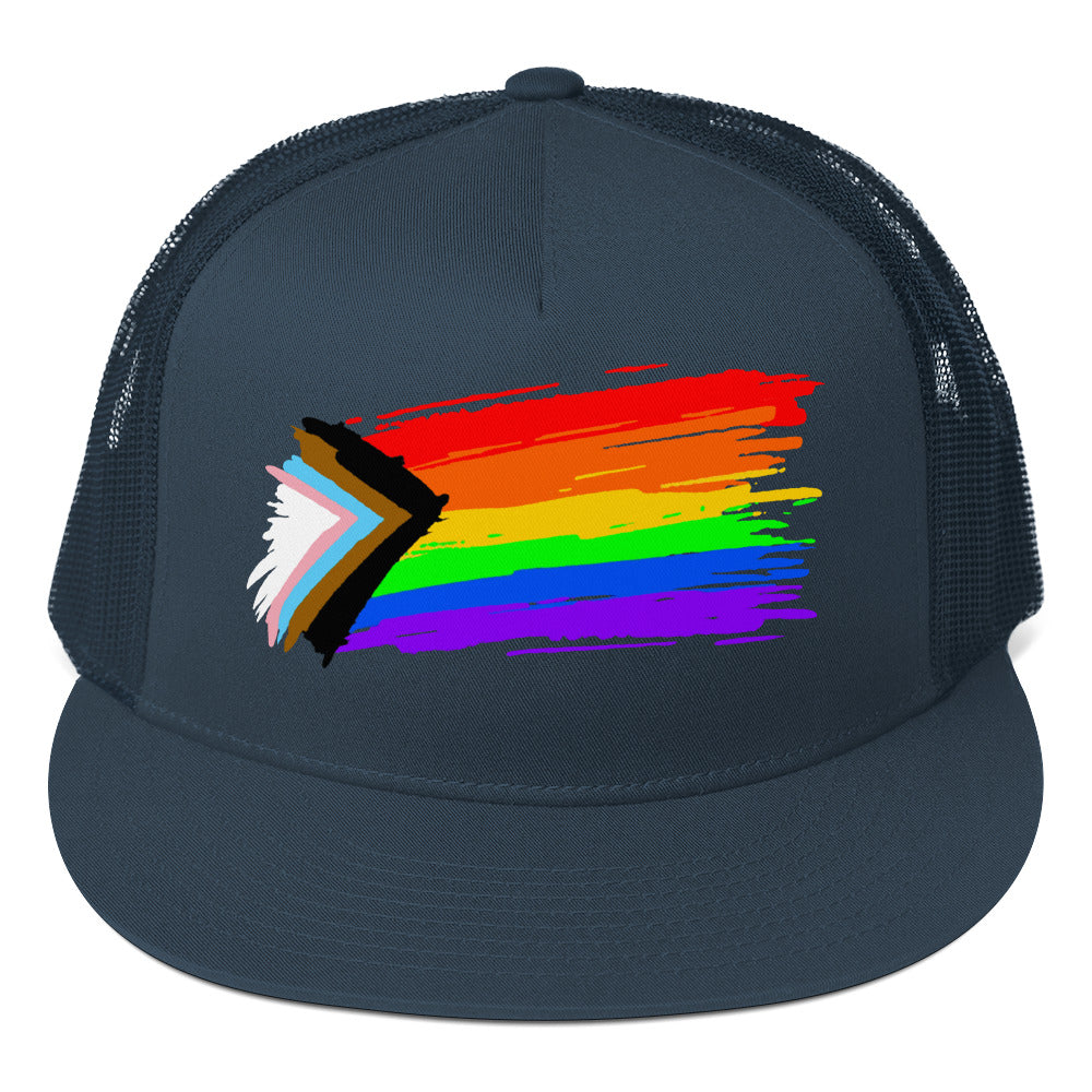 LGBTQ Progress Pride Paint Trucker Cap Navy Pride 5-panel-trucker-cap-navy-front-66b2630109c8d