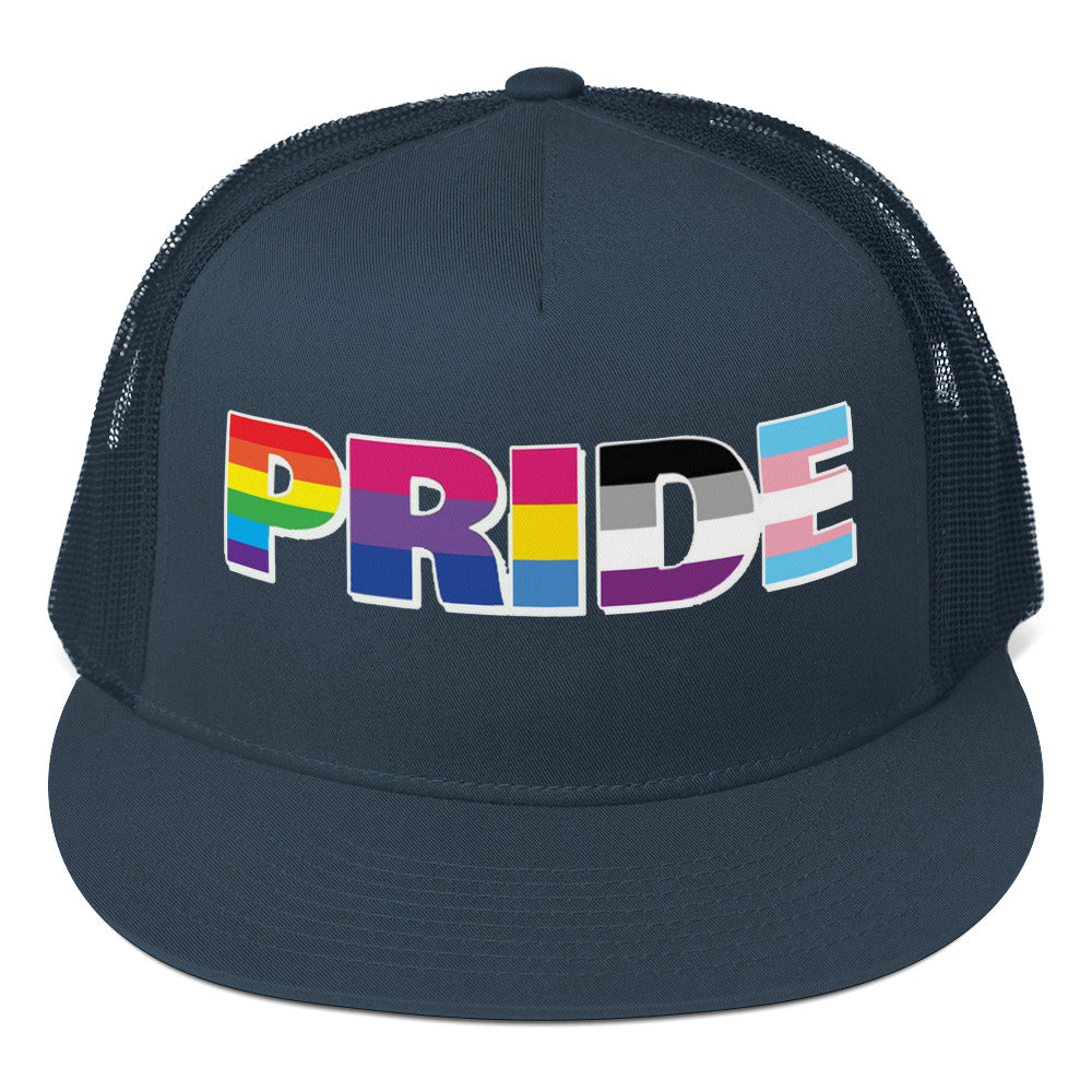 LGBTQ Pride Trucker Cap Navy Pride 5-panel-trucker-cap-navy-front-66b2633237955