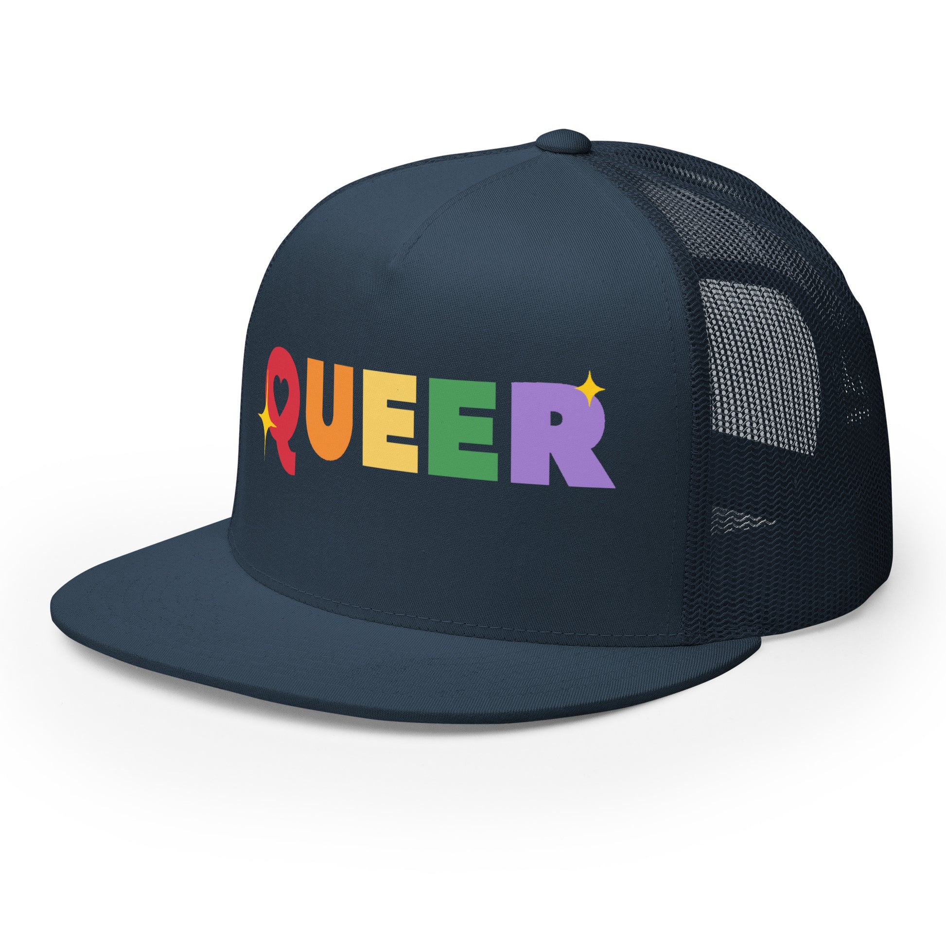 Queer Trucker Baseball Cap Hat 5-panel-trucker-cap-navy-left-front-66aeb61de0c87