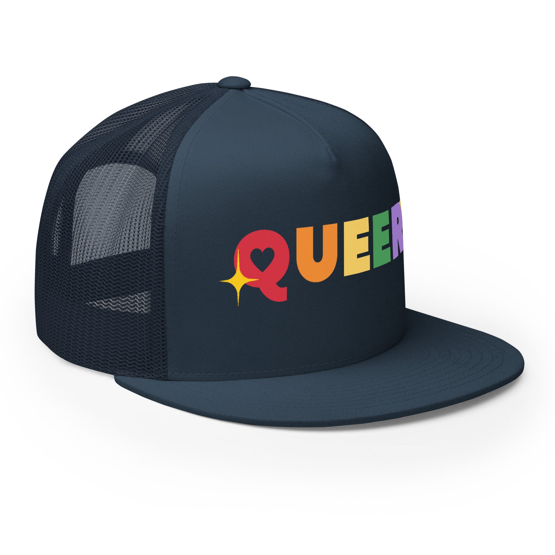 Queer Trucker Baseball Cap Hat 5-panel-trucker-cap-navy-right-front-66aeb61de0d79