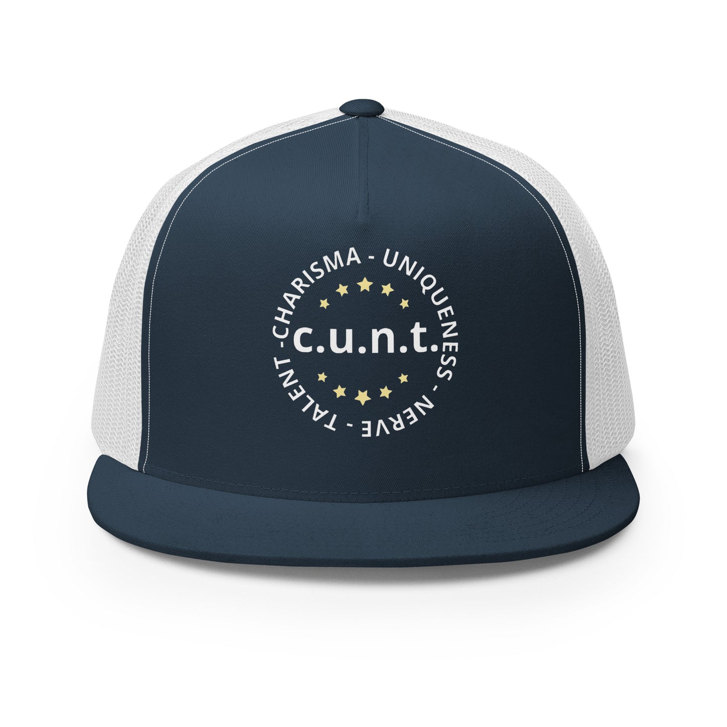 Charisma Uniqueness Nerve and Talent Trucker Baseball Cap Hat Navy White 5-panel-trucker-cap-navy-white-front-66aeb8d362319