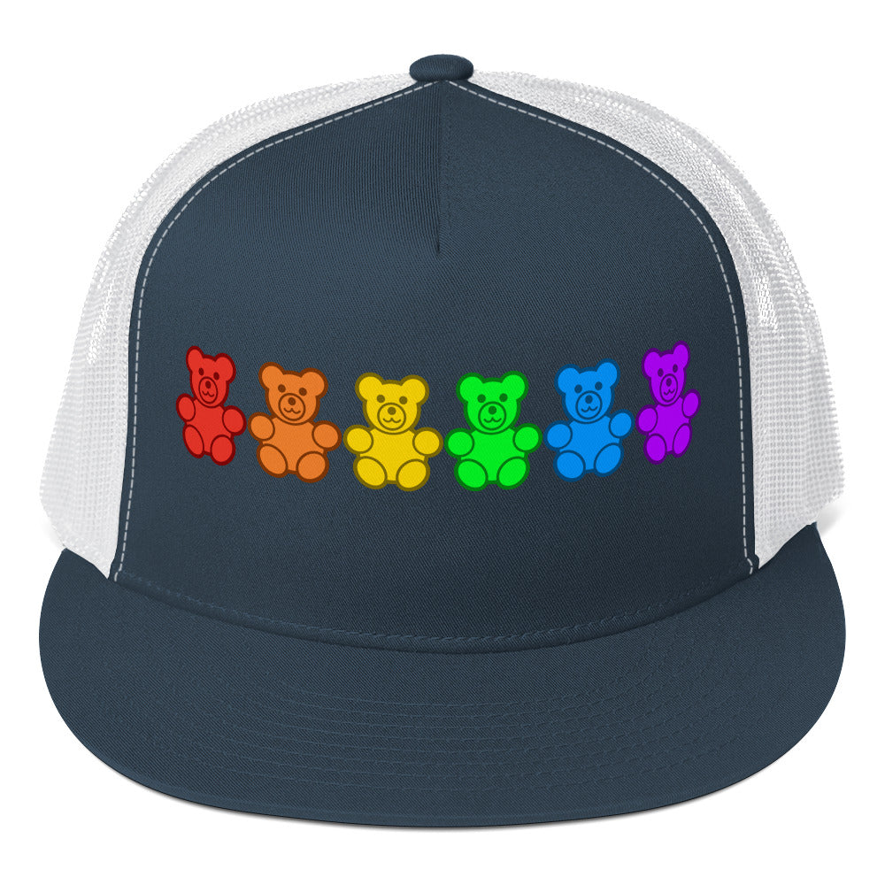 LGBTQ Pride Gummy Bear Trucker Cap Navy White Pride 5-panel-trucker-cap-navy-white-front-66b25e37624e8