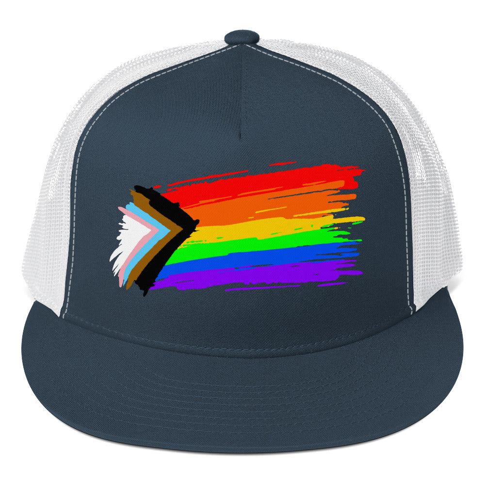 LGBTQ Progress Pride Paint Trucker Cap Navy White Pride 5-panel-trucker-cap-navy-white-front-66b2630109e1c