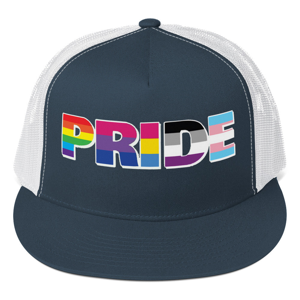 LGBTQ Pride Trucker Cap Navy White Pride 5-panel-trucker-cap-navy-white-front-66b2633237b04