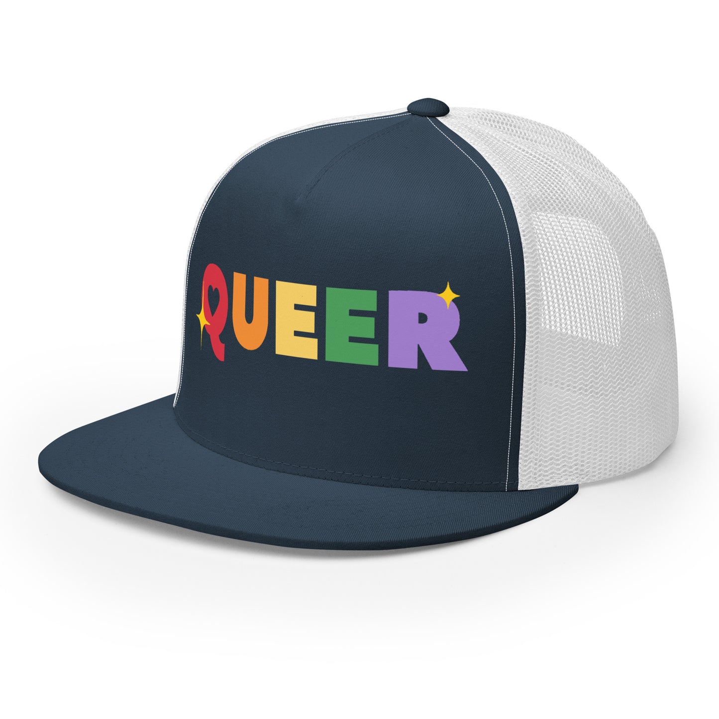 Queer Trucker Baseball Cap Hat 5-panel-trucker-cap-navy-white-left-front-66aeb61de109e