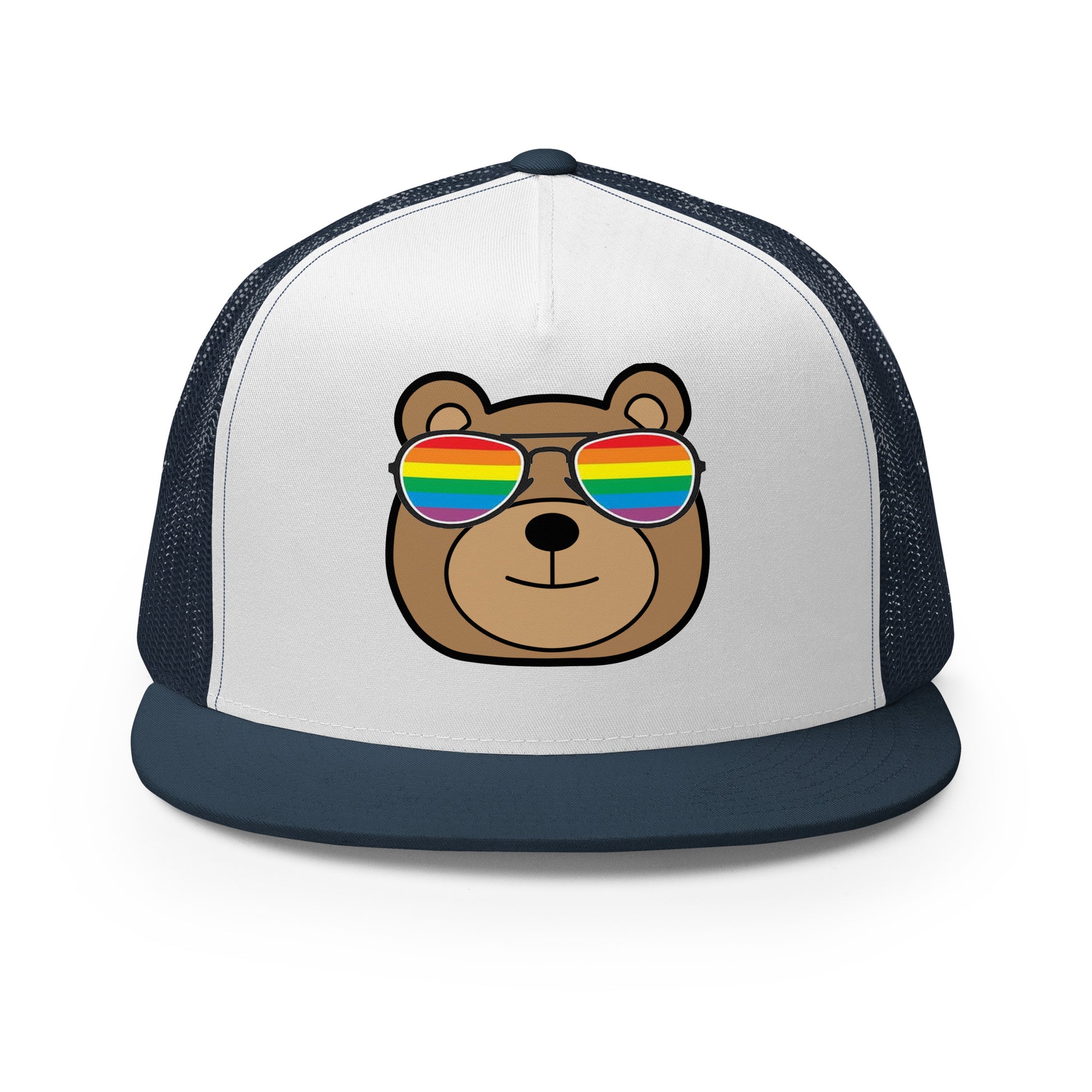 Gay Bear with Rainbow Sunglasses Trucker Baseball Cap Hat Navy White Navy Gay 5-panel-trucker-cap-navy-white-navy-front-66aeb98064454