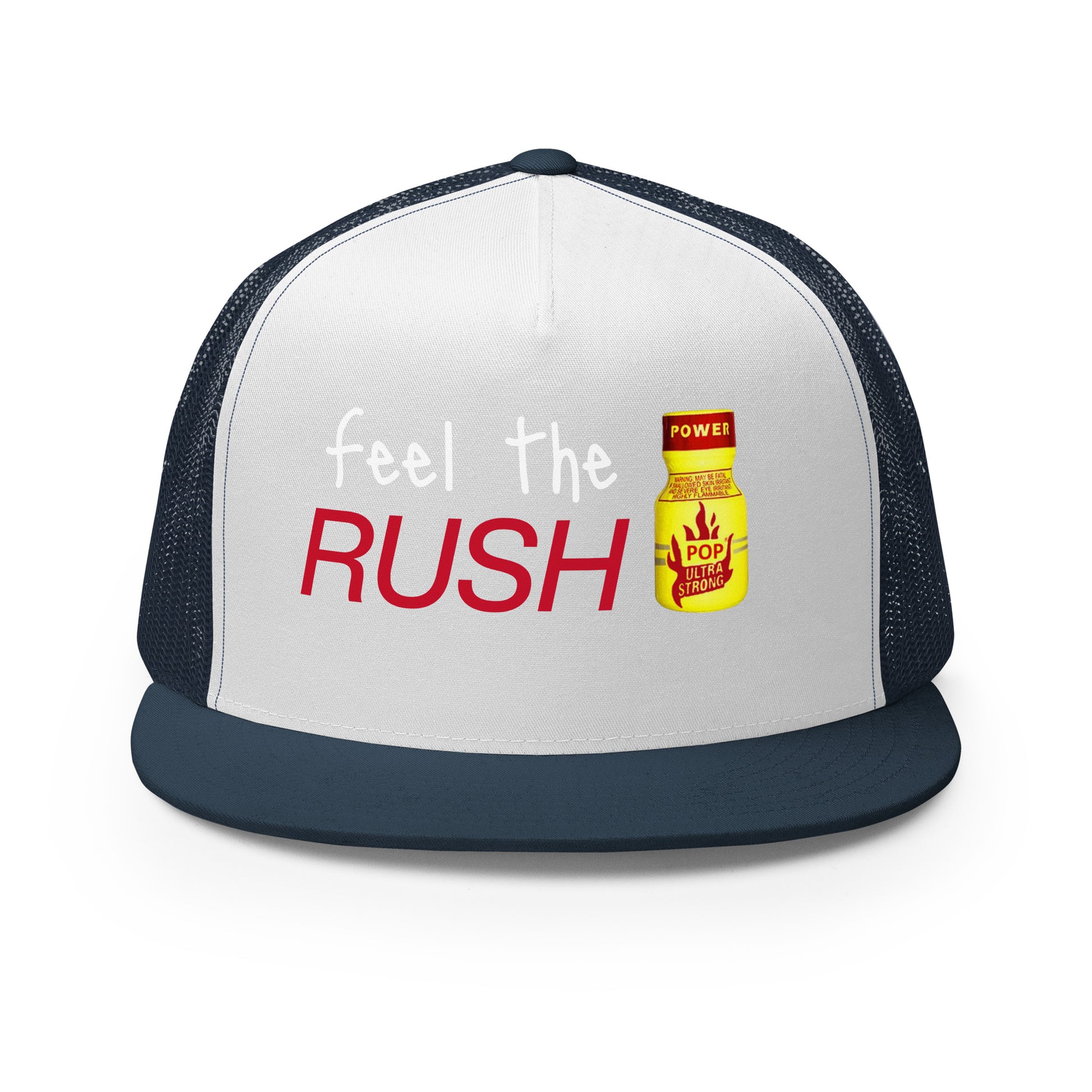 Feel the Rush Trucker Baseball Cap Hat Navy White Navy 5-panel-trucker-cap-navy-white-navy-front-66aec9c333ba6