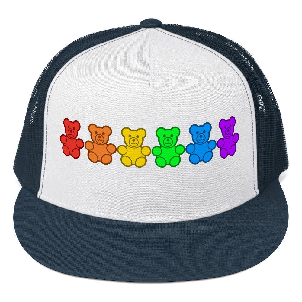 LGBTQ Pride Gummy Bear Trucker Cap Navy White Navy Pride 5-panel-trucker-cap-navy-white-navy-front-66b25e3762a7c