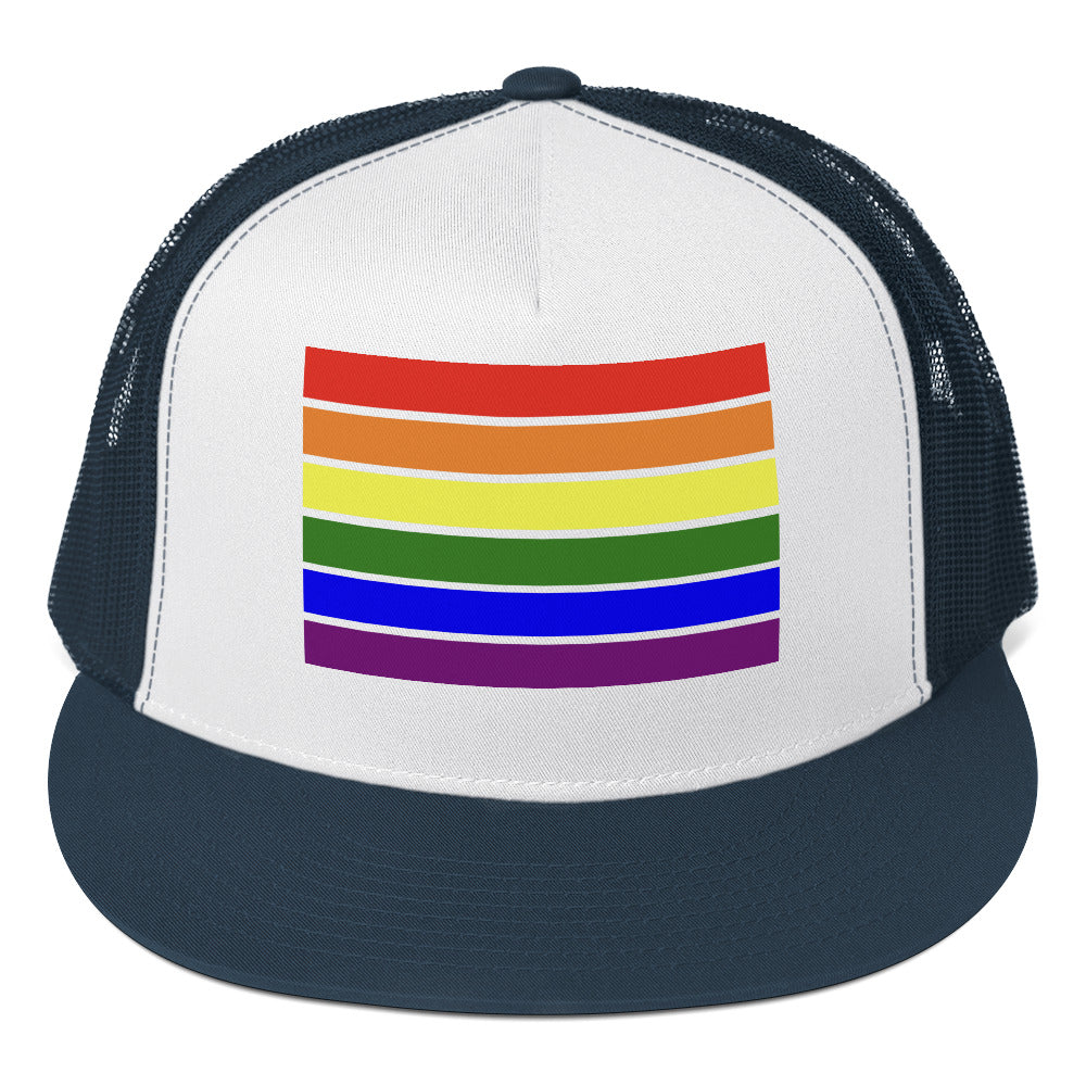 LGBTQ Pride Flag Trucker Cap Navy White Navy Pride 5-panel-trucker-cap-navy-white-navy-front-66b25e952dce9