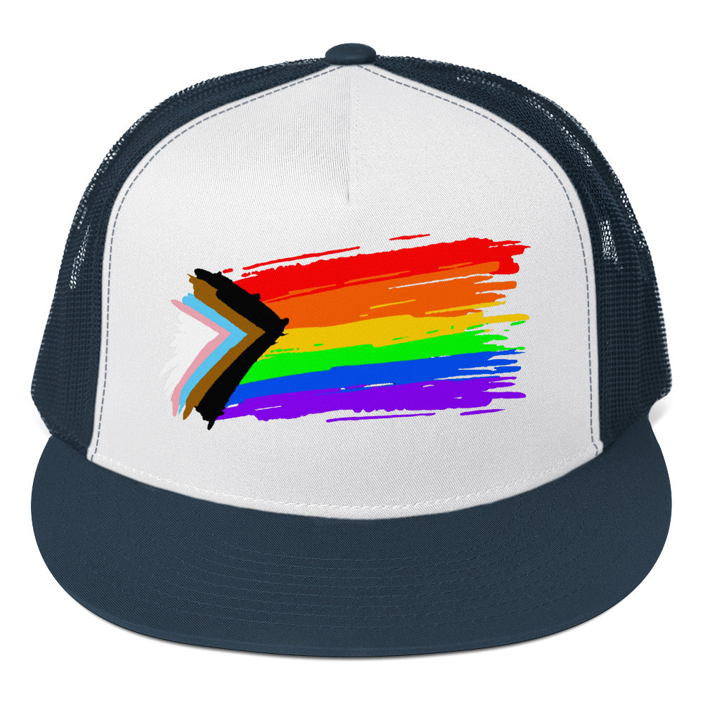 LGBTQ Progress Pride Paint Trucker Cap Navy White Navy Pride 5-panel-trucker-cap-navy-white-navy-front-66b263010a43f