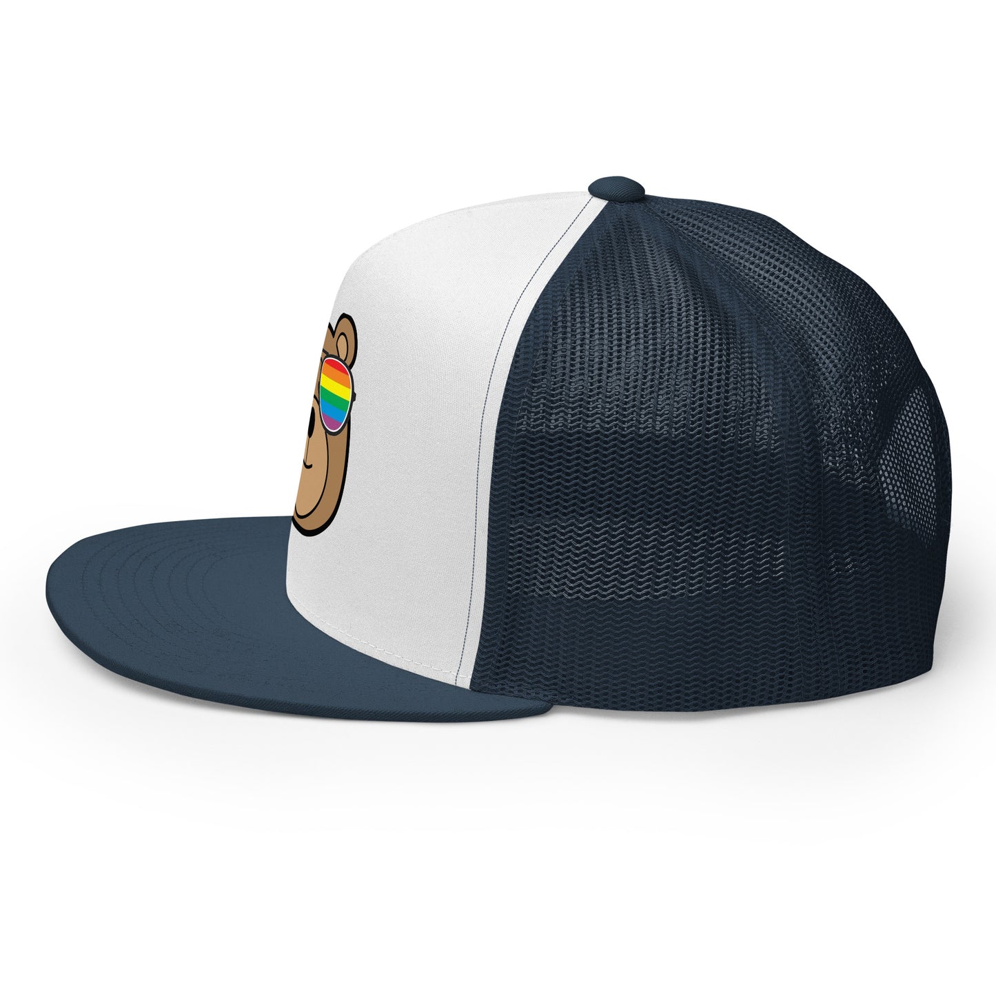 Gay Bear with Rainbow Sunglasses Trucker Baseball Cap Hat 5-panel-trucker-cap-navy-white-navy-left-66aeb98064639