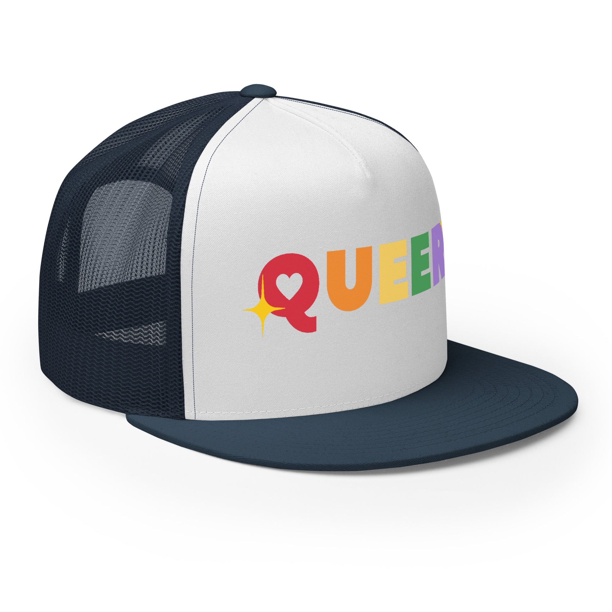 Queer Trucker Baseball Cap Hat 5-panel-trucker-cap-navy-white-navy-right-front-66aeb61de25cd