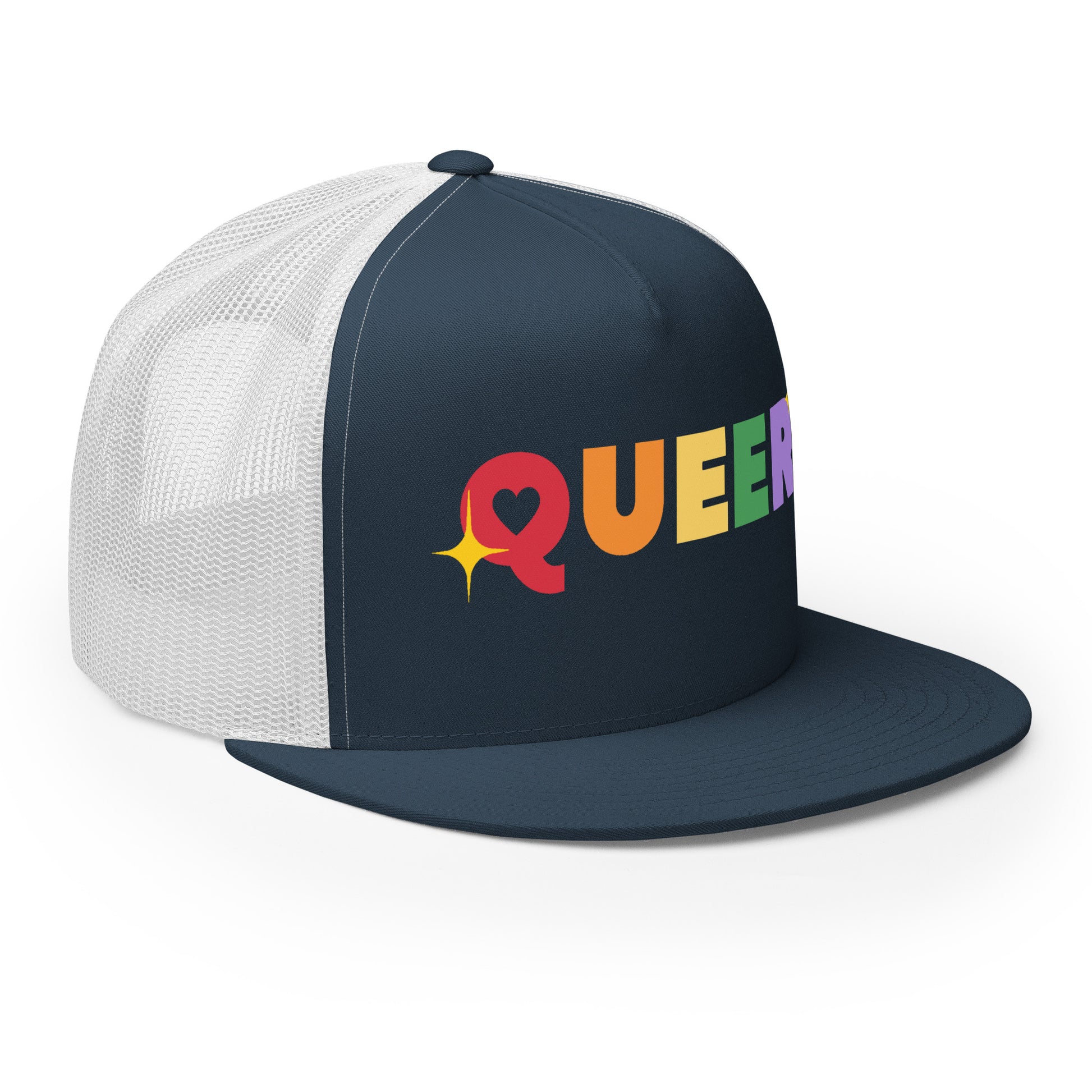 Queer Trucker Baseball Cap Hat 5-panel-trucker-cap-navy-white-right-front-66aeb61de11ad