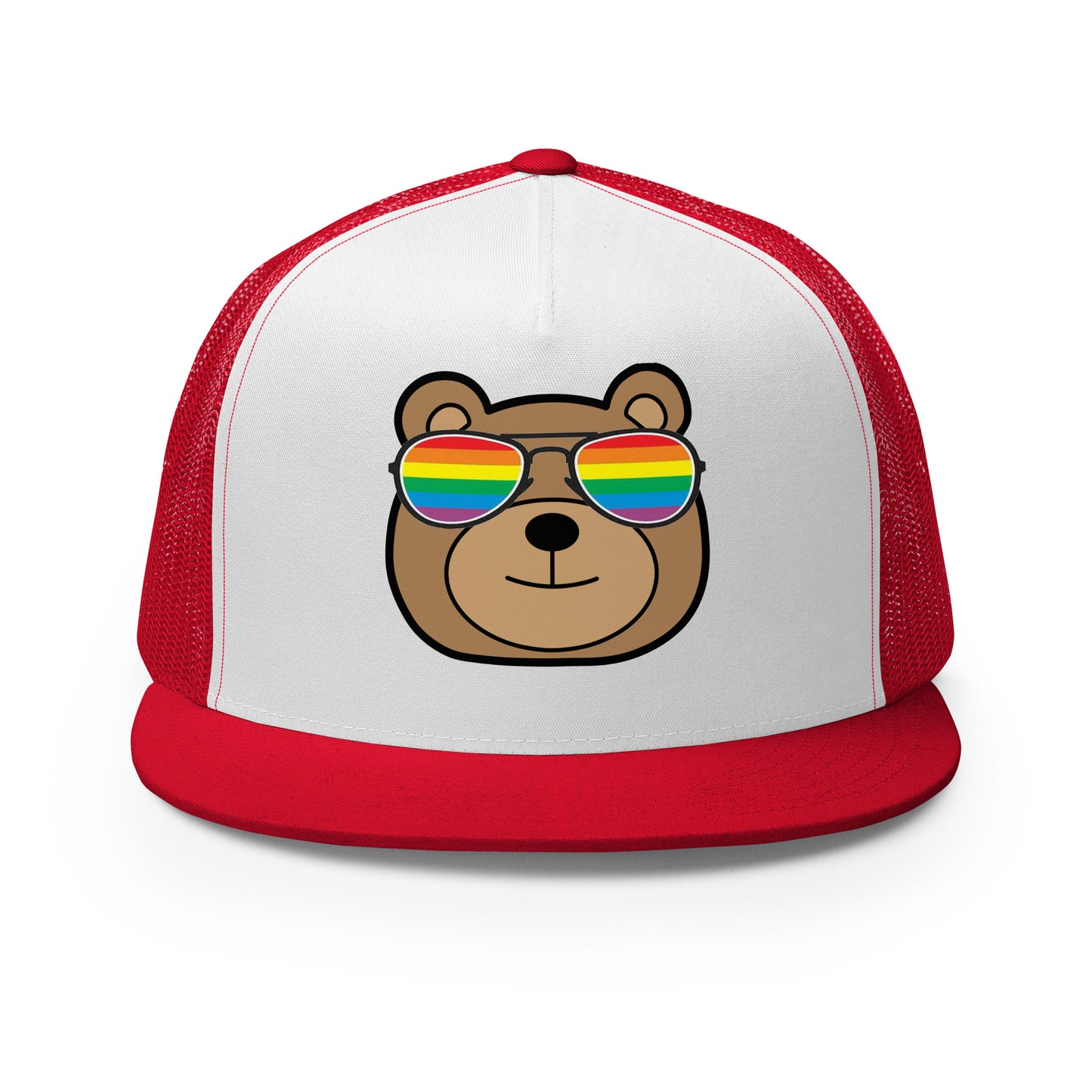 Gay Bear with Rainbow Sunglasses Trucker Baseball Cap Hat Red White Red Gay 5-panel-trucker-cap-red-white-red-front-66aeb98063f89