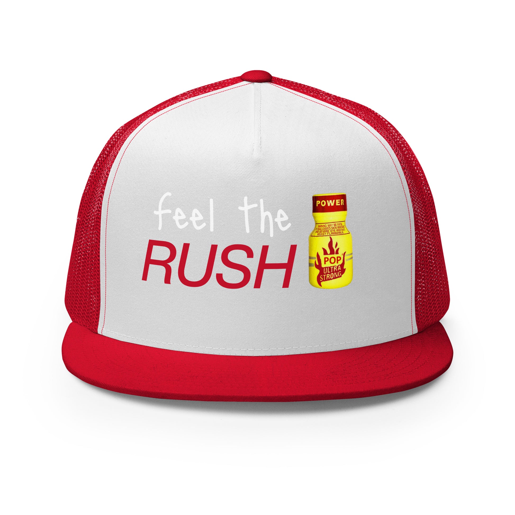 Feel the Rush Trucker Baseball Cap Hat Red White Red 5-panel-trucker-cap-red-white-red-front-66aec9c3336cd