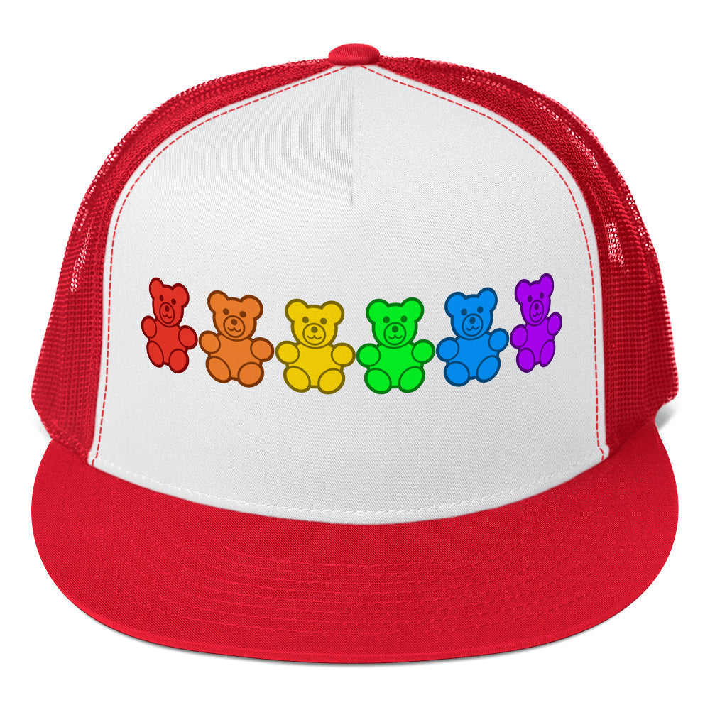 LGBTQ Pride Gummy Bear Trucker Cap Red White Red Pride 5-panel-trucker-cap-red-white-red-front-66b25e376297e