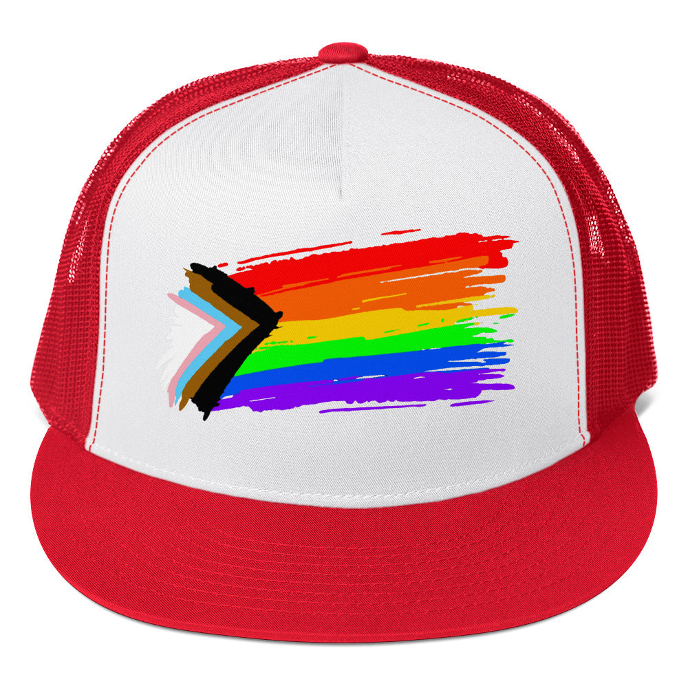 LGBTQ Progress Pride Paint Trucker Cap Red White Red Pride 5-panel-trucker-cap-red-white-red-front-66b263010a2b8