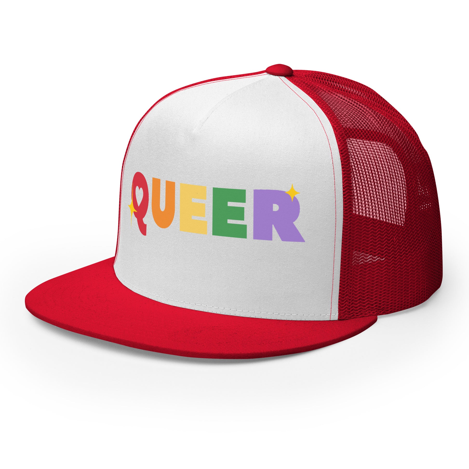 Queer Trucker Baseball Cap Hat 5-panel-trucker-cap-red-white-red-left-front-66aeb61de210c