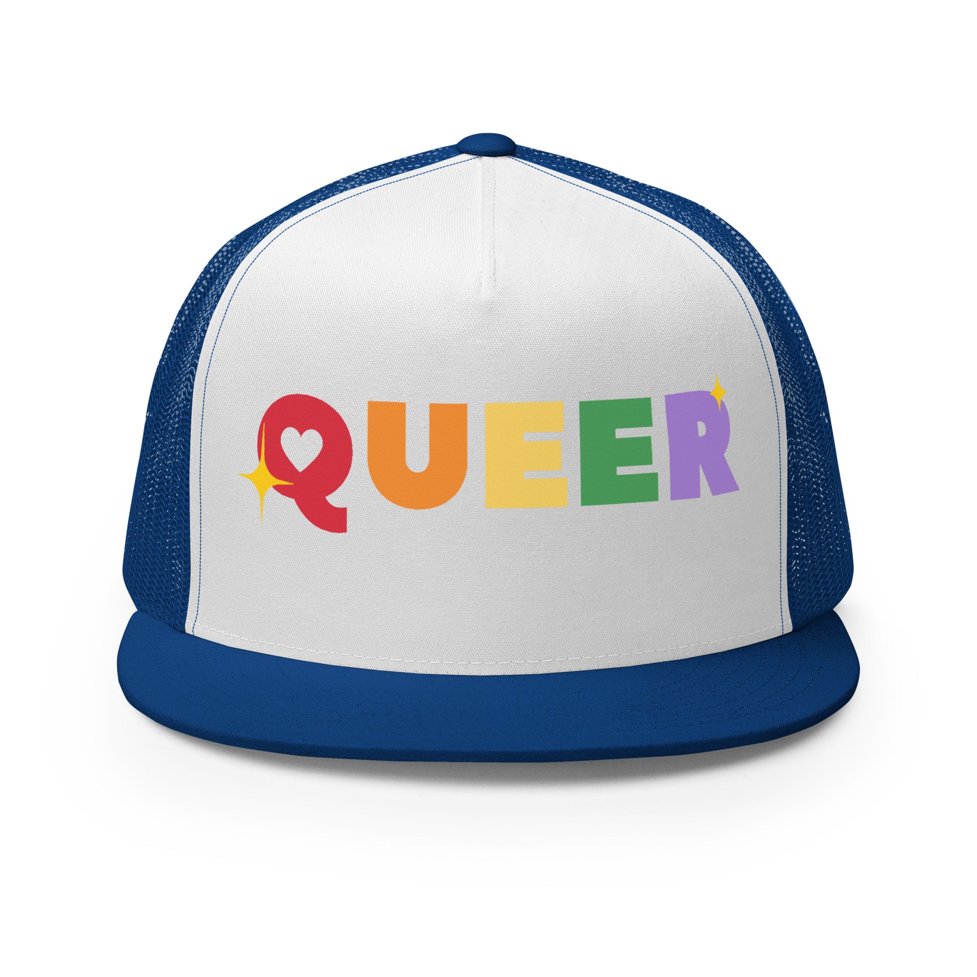 Queer Trucker Baseball Cap Hat Royal White Royal 5-panel-trucker-cap-royal-white-royal-front-66aeb61de2766