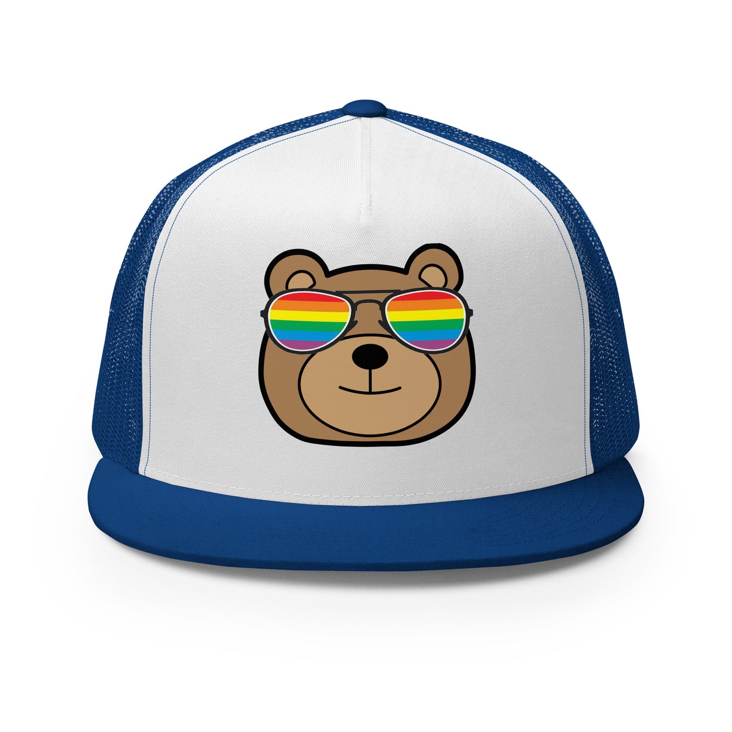 Gay Bear with Rainbow Sunglasses Trucker Baseball Cap Hat Royal White Royal Gay 5-panel-trucker-cap-royal-white-royal-front-66aeb98064915