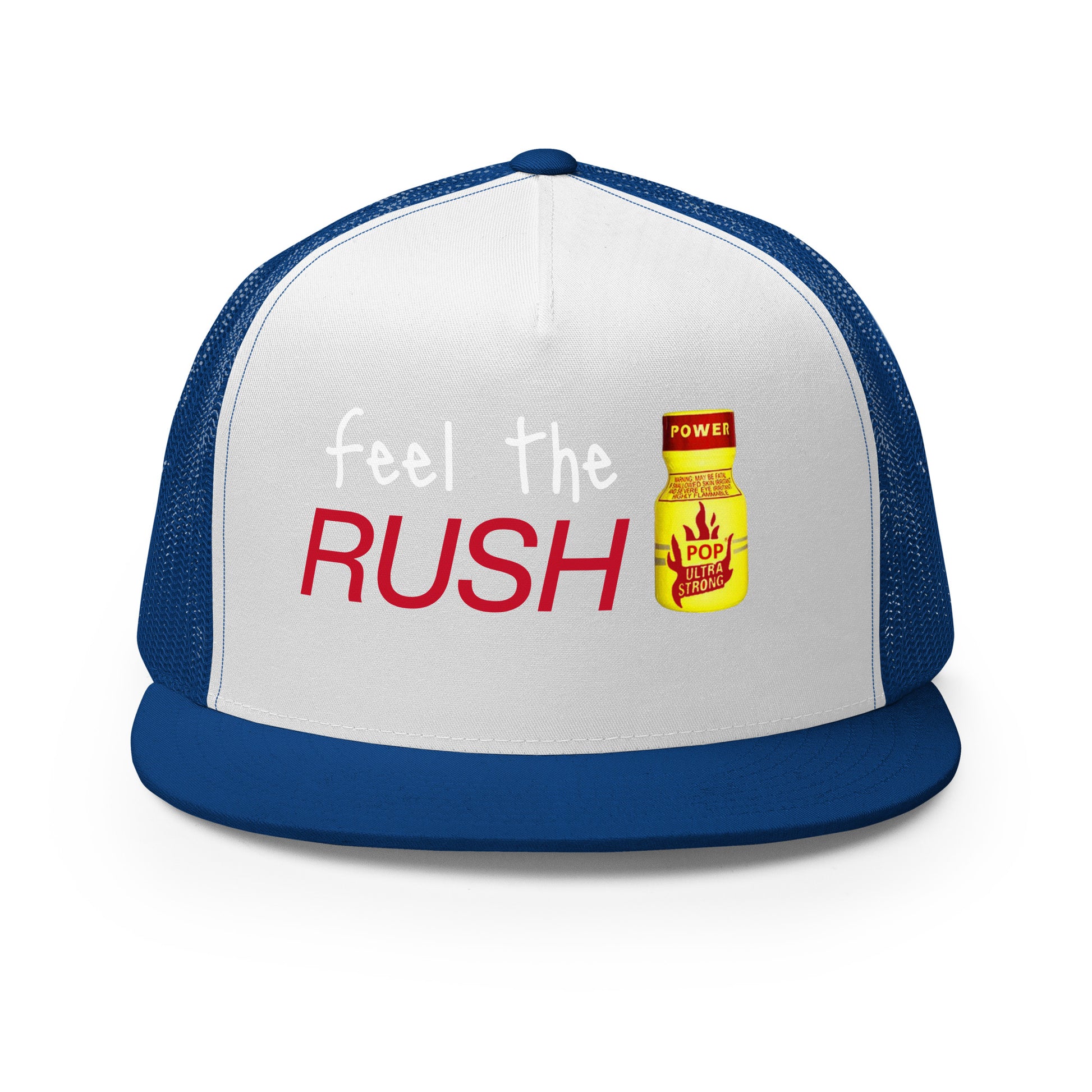 Feel the Rush Trucker Baseball Cap Hat Royal White Royal 5-panel-trucker-cap-royal-white-royal-front-66aec9c334070