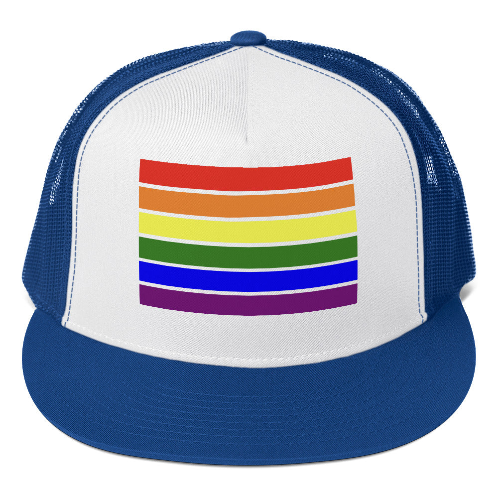 LGBTQ Pride Flag Trucker Cap Royal White Royal Pride 5-panel-trucker-cap-royal-white-royal-front-66b25e952de52