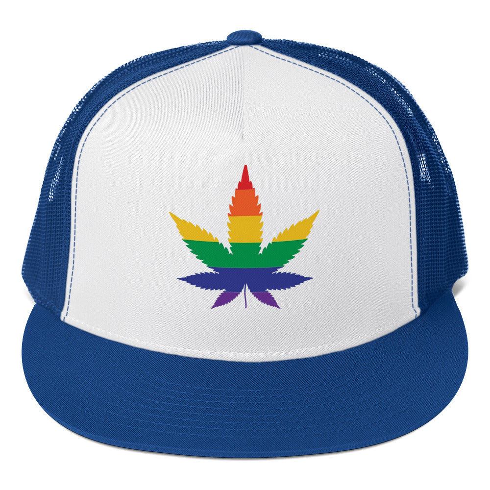 Rainbow Weed Trucker Cap Royal White Royal Pride 5-panel-trucker-cap-royal-white-royal-front-66b26380cf7f6