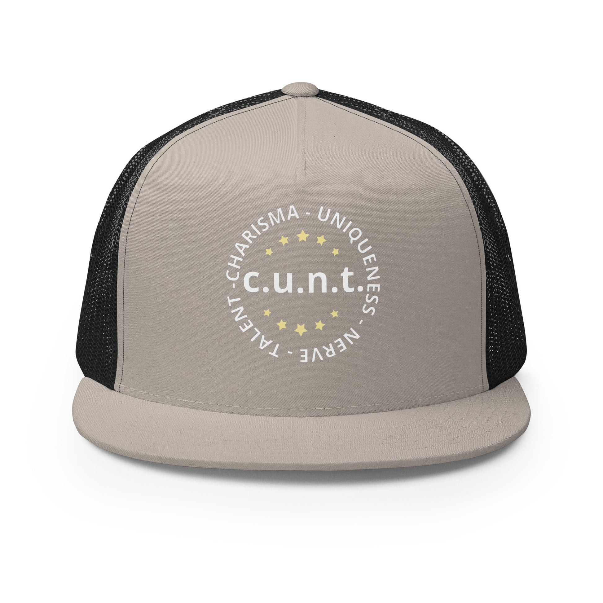 Charisma Uniqueness Nerve and Talent Trucker Baseball Cap Hat Silver Black 5-panel-trucker-cap-silver-black-front-66aeb8d3646b3