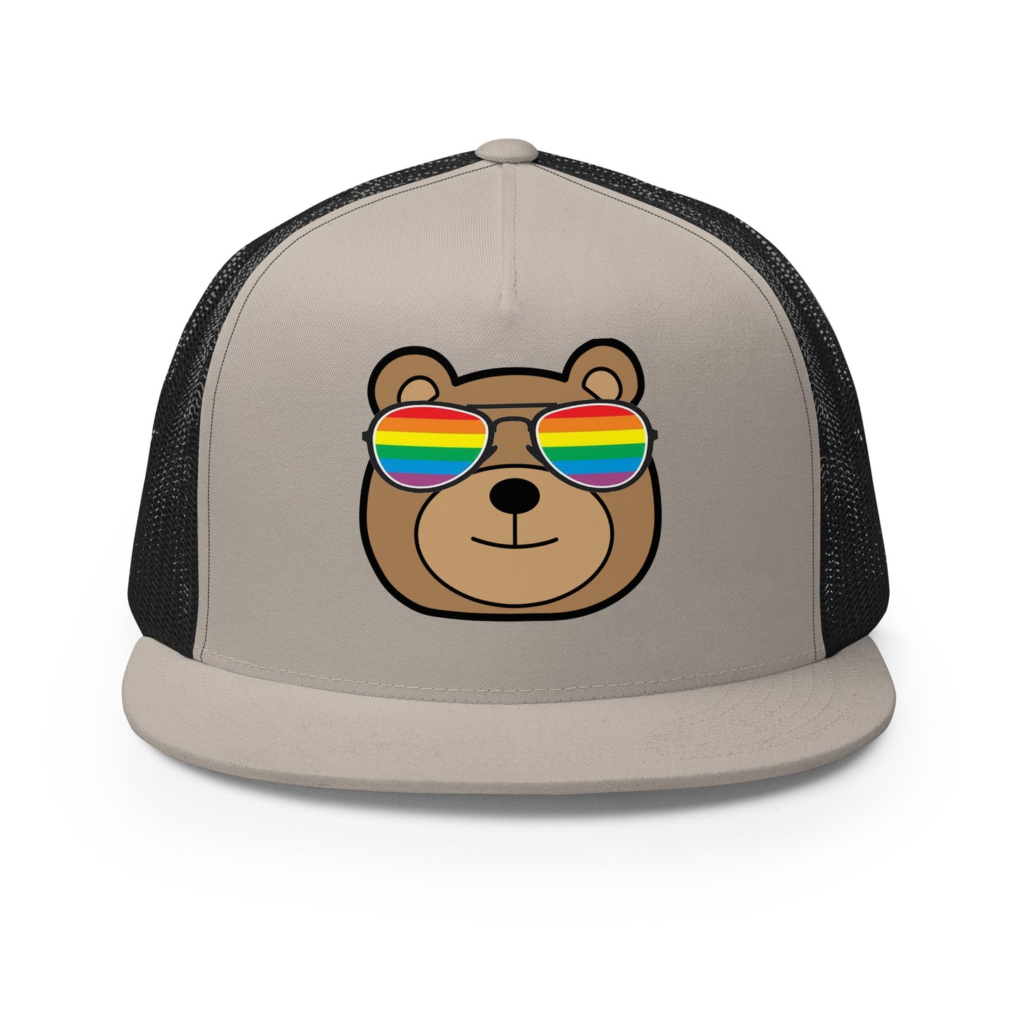 Gay Bear with Rainbow Sunglasses Trucker Baseball Cap Hat Silver Black Gay 5-panel-trucker-cap-silver-black-front-66aeb980635fc