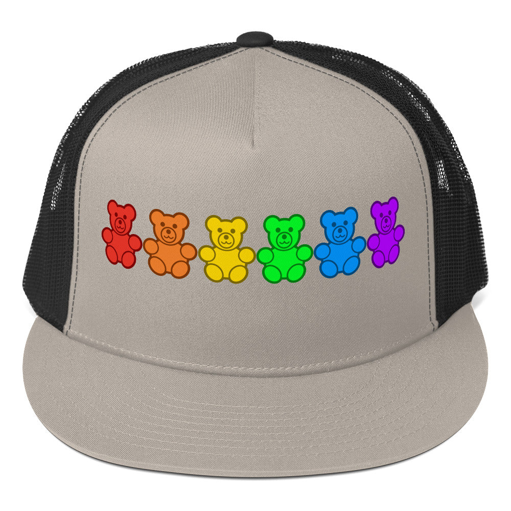 LGBTQ Pride Gummy Bear Trucker Cap Silver Black Pride 5-panel-trucker-cap-silver-black-front-66b25e3762785