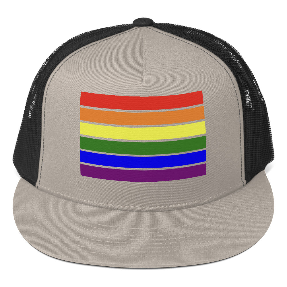 LGBTQ Pride Flag Trucker Cap Silver Black Pride 5-panel-trucker-cap-silver-black-front-66b25e952d2ec