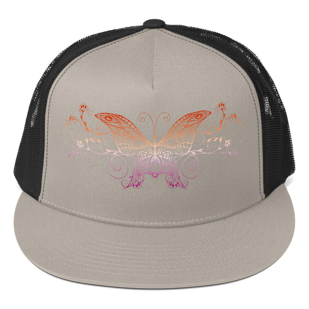 Lesbian Butterfly Trucker Cap Silver Black Lesbian 5-panel-trucker-cap-silver-black-front-66b25f6cb375e