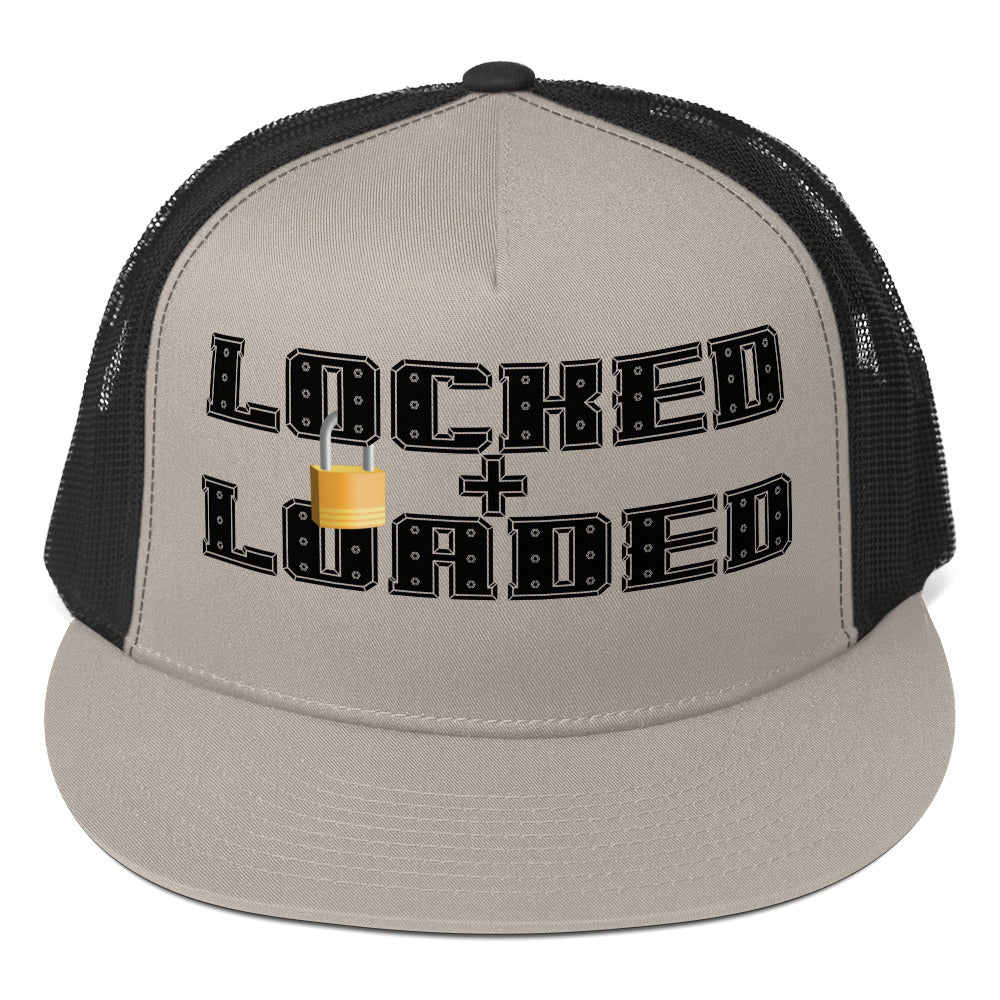 Locked and Loaded Trucker Cap Silver Black 5-panel-trucker-cap-silver-black-front-66b26212f2378