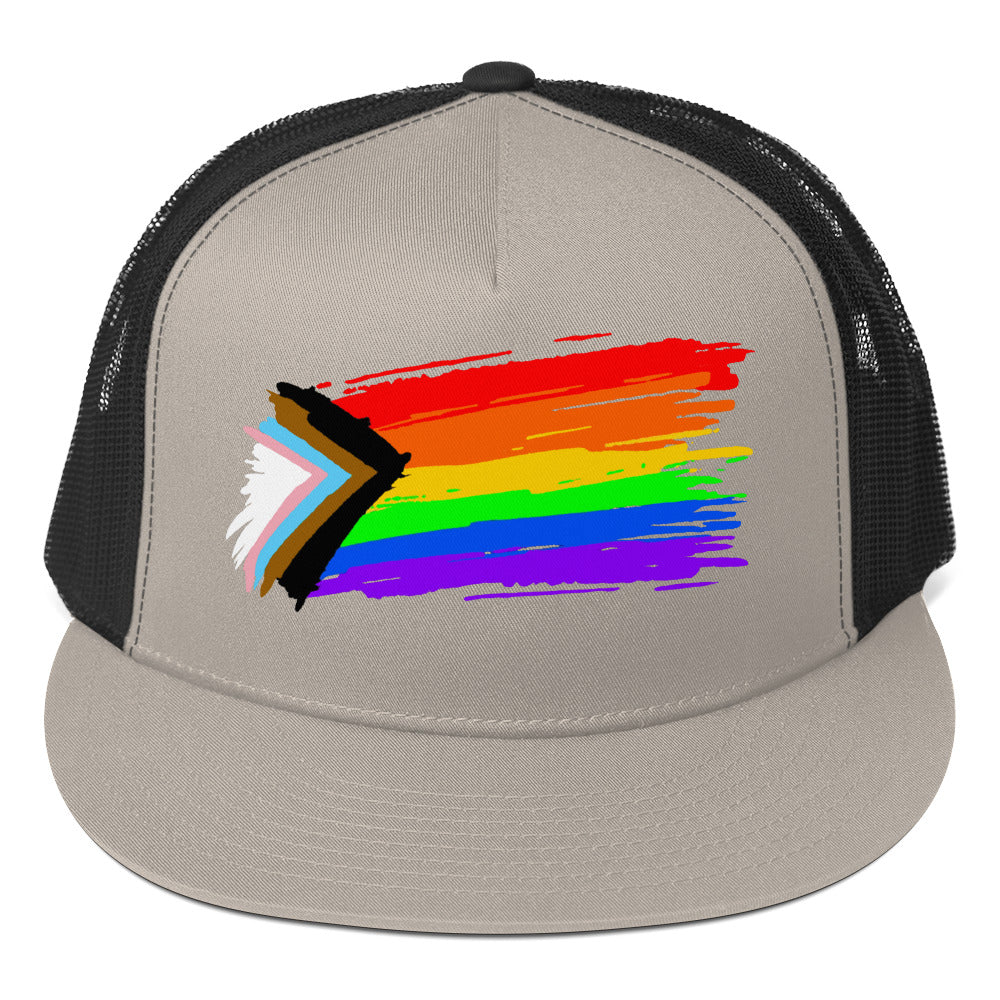 LGBTQ Progress Pride Paint Trucker Cap Silver Black Pride 5-panel-trucker-cap-silver-black-front-66b2630109fa4