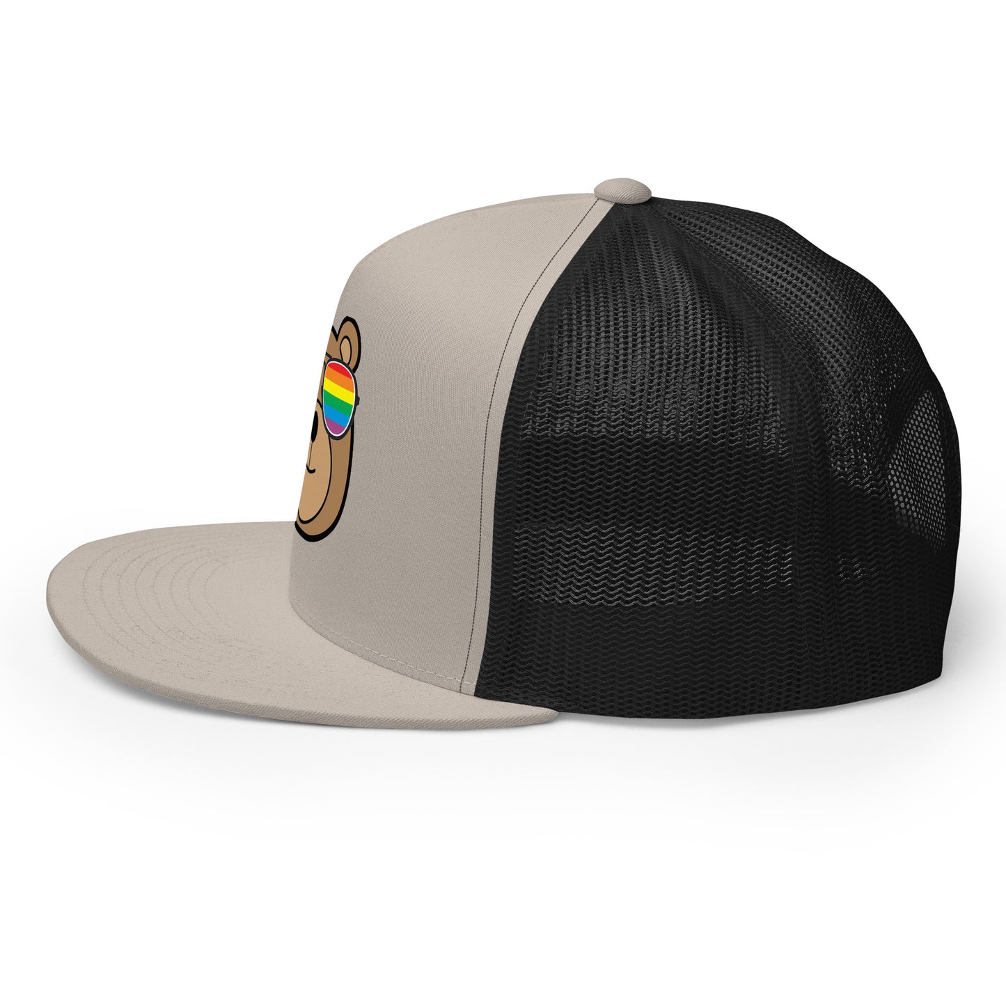 Gay Bear with Rainbow Sunglasses Trucker Baseball Cap Hat 5-panel-trucker-cap-silver-black-left-66aeb980637cd