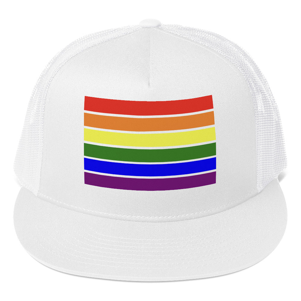 LGBTQ Pride Flag Trucker Cap White Pride 5-panel-trucker-cap-white-front-66b25e952e191