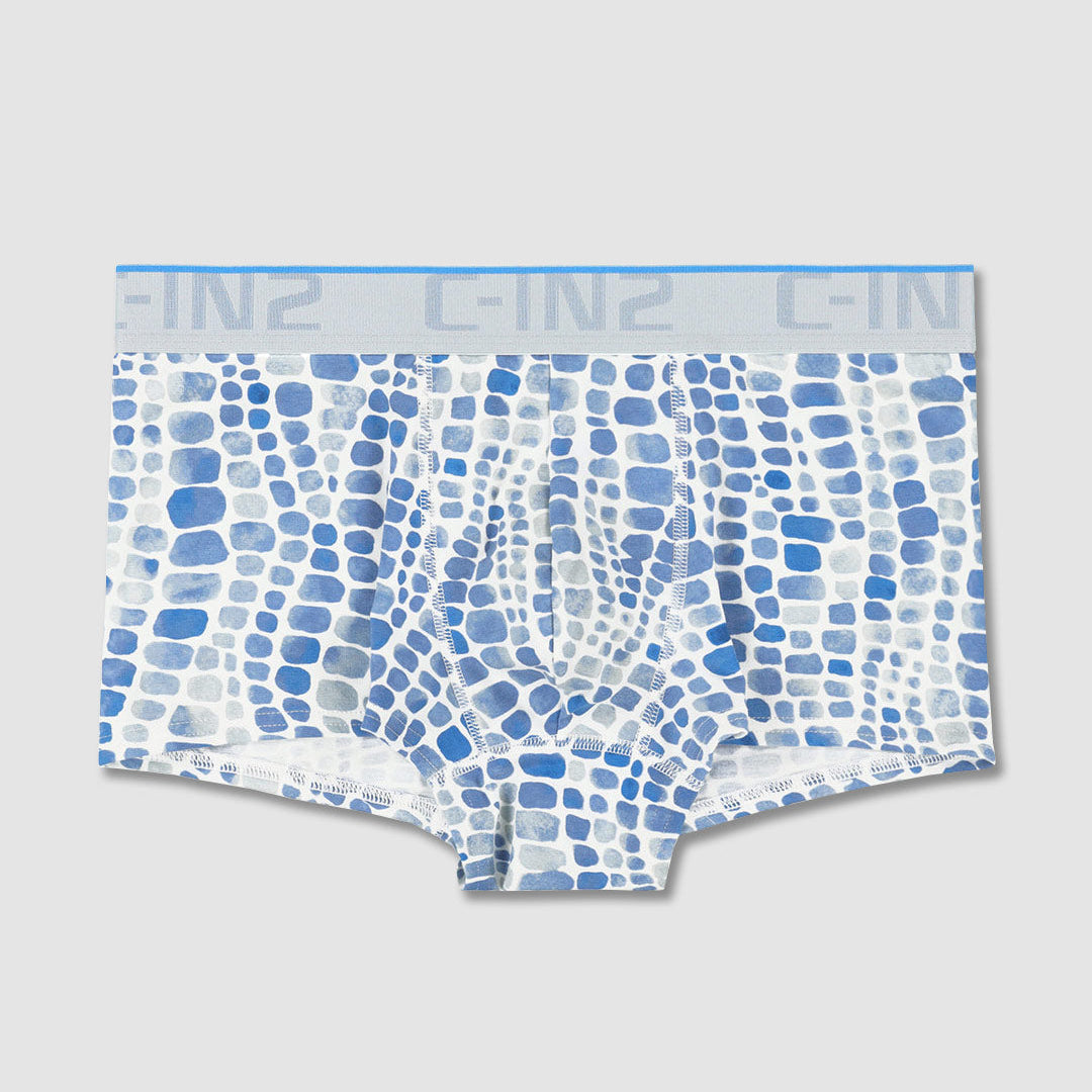 Blue and white patterned boxer briefs with a repeating blue and white geometric dot design and a light blue waistband featuring the 'C-IN2' logo.