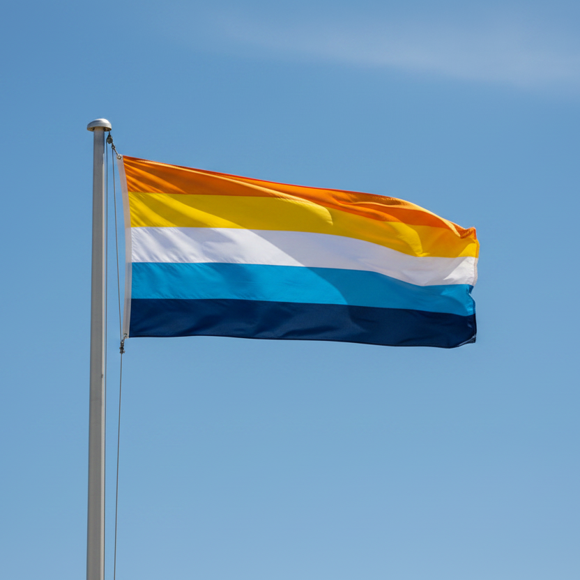 aroace pride flag attached to a flagpole and waving in the wind with a blue sky in the background.  The flag has 5 stripes, orange, yellow, white, light blue, and dark blue