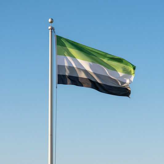 aromantic pride flag attached to a flagpole waving in the breeze.  The flag has stripes of dark green, light green, white, grey, and black