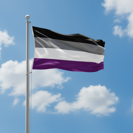 A striped flag with horizontal black, gray, white, and purple bands waving on a silver flagpole against a blue sky with white clouds.