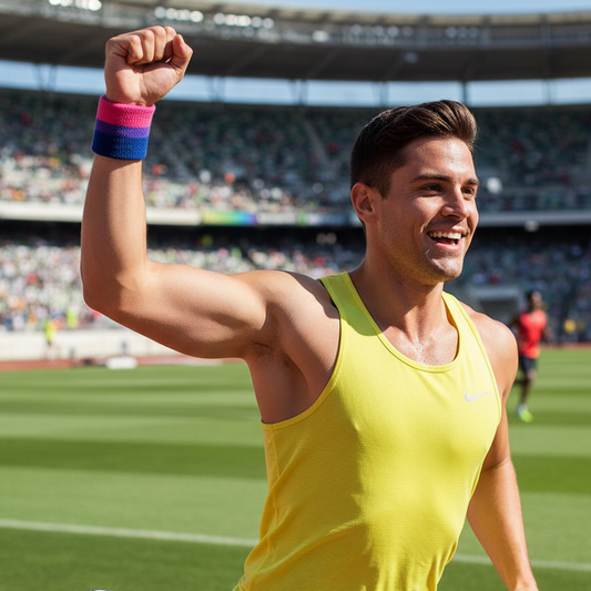 A male athlete running on a track in a stadium, wearing a bright yellow Nike tank top, a pink and blue wristband, and blue running shoes.