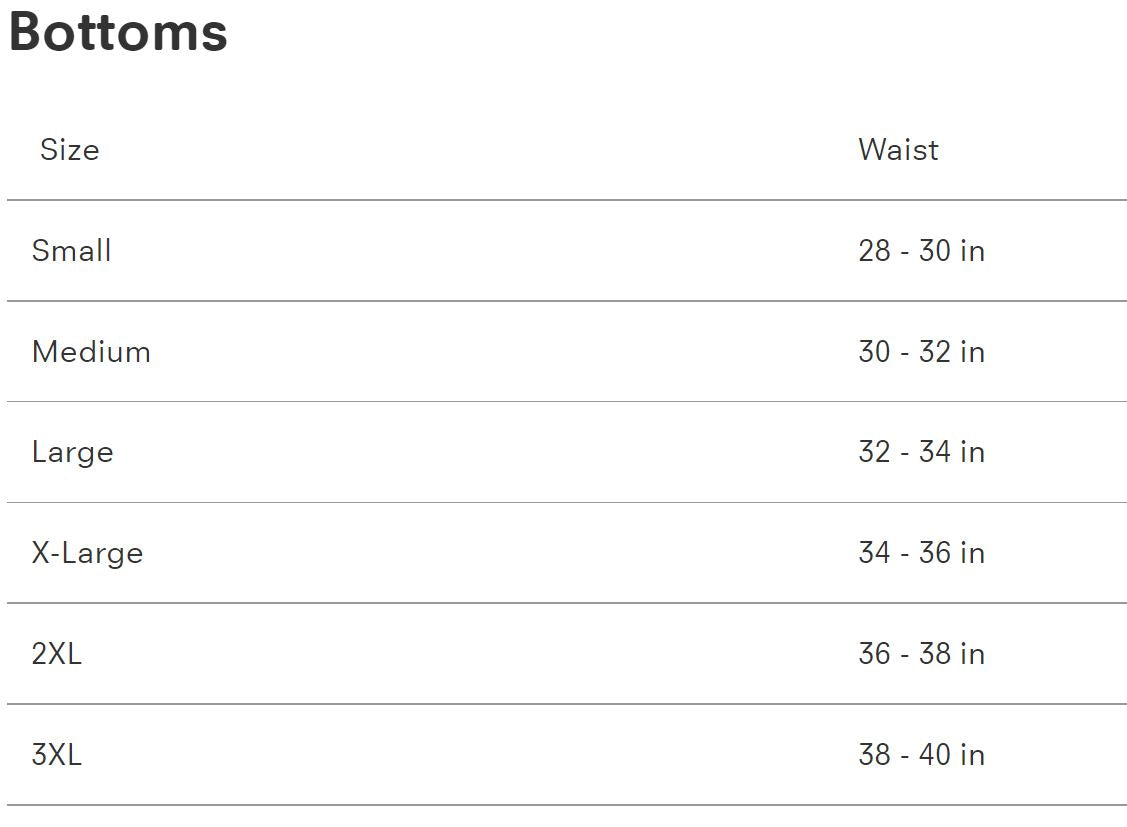 Table displaying waist size measurements for different clothing sizes.